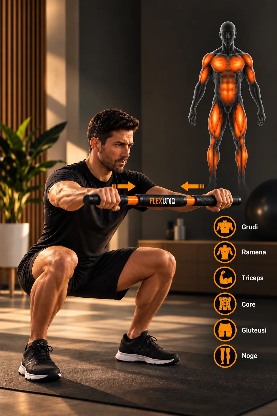 Guraj-sabijaj u čučnju sa FlexUniq CORE – aktivni mišići: grudi, ramena, triceps, core, gluteusi, noge