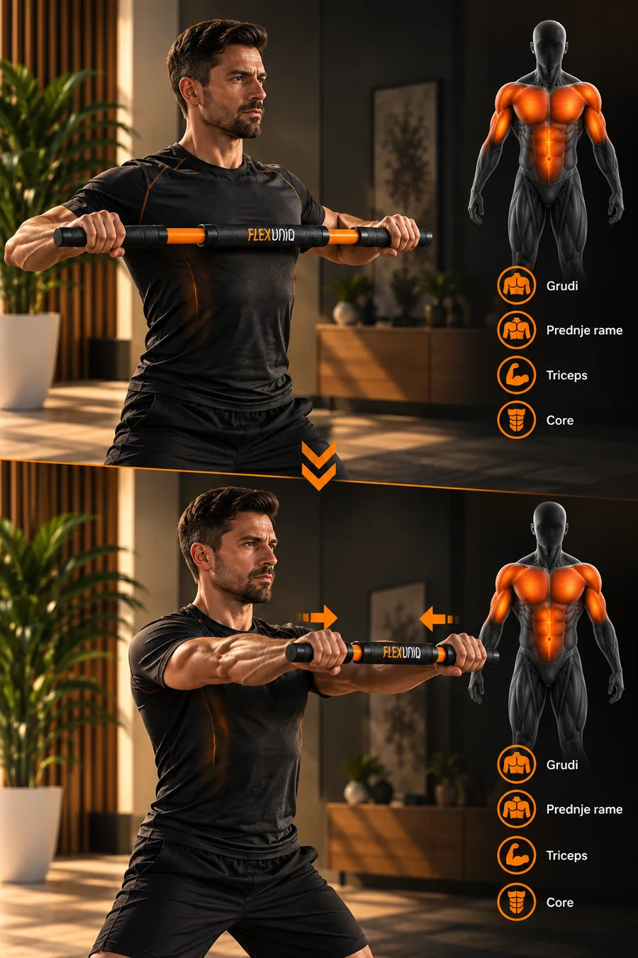 Guraj-sabijaj vežba sa FlexUniq CORE – aktivni mišići: grudi, prednje rame, triceps, core