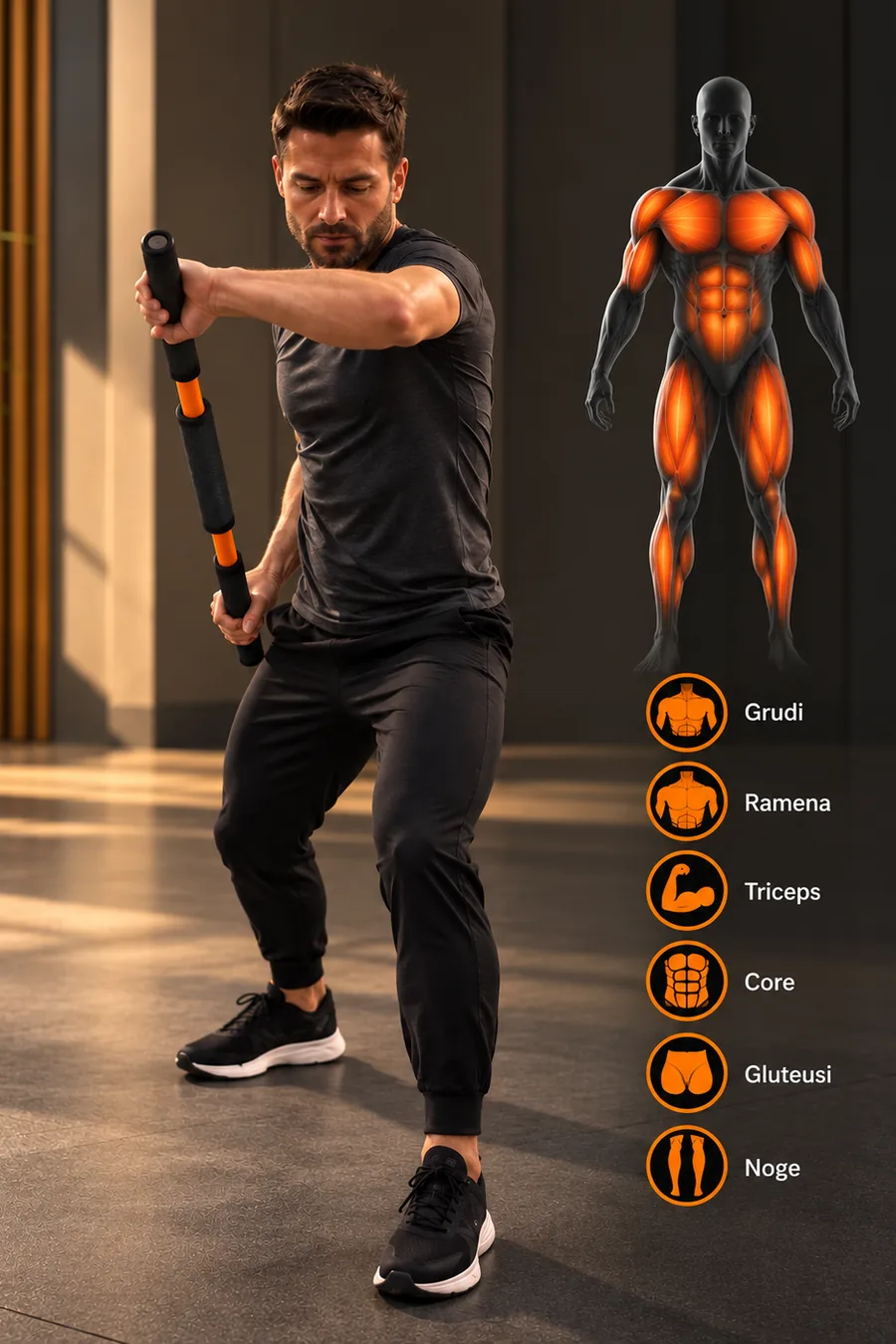 Integrisani pokret celim telom sa FlexUniq CORE – aktivni mišići: grudi, ramena, triceps, core, gluteusi, noge