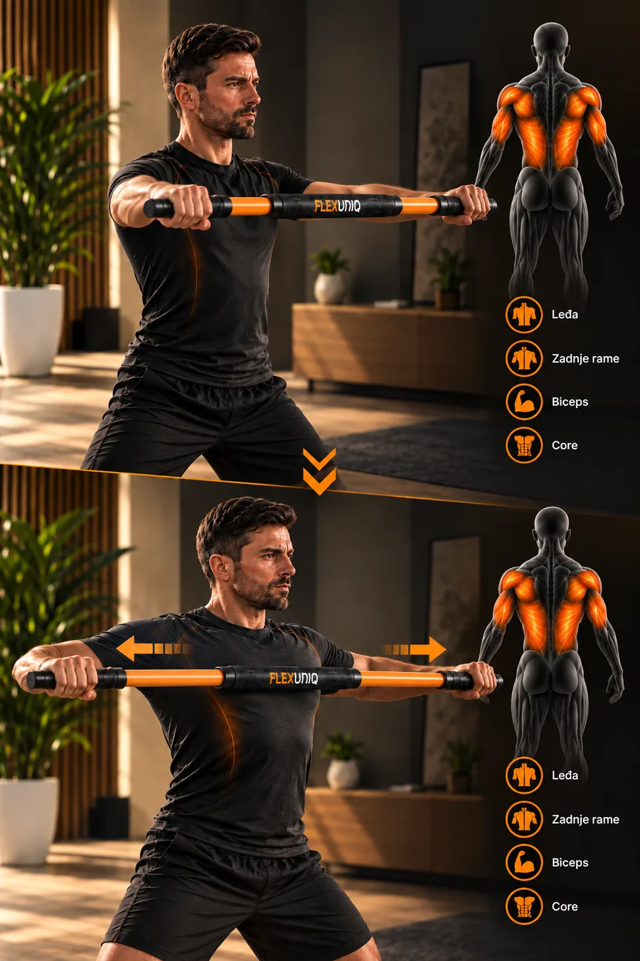 Povuci-razvuci vežba sa FlexUniq CORE – aktivni mišići: leđa, zadnje rame, biceps, core